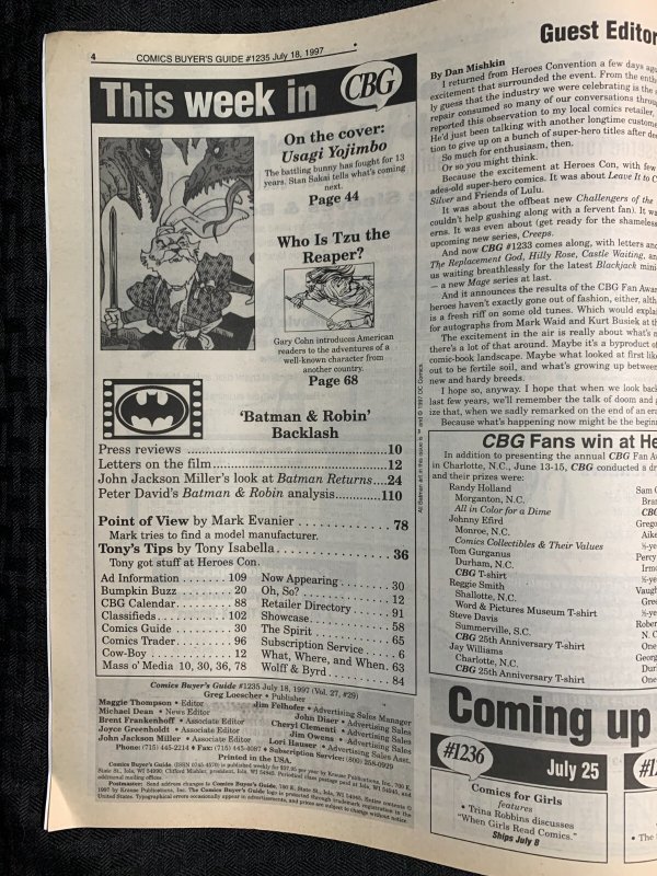 1997 COMICS BUYERS GUIDE Newspaper #1235 FN 6.0 Usagi Yojimbo / Batman & Robin