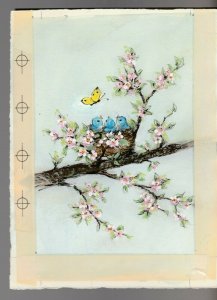 HAPPY EASTER Blue Birds in Nest Branch w Butterfly 6x8 Greeting Card Art #E2415