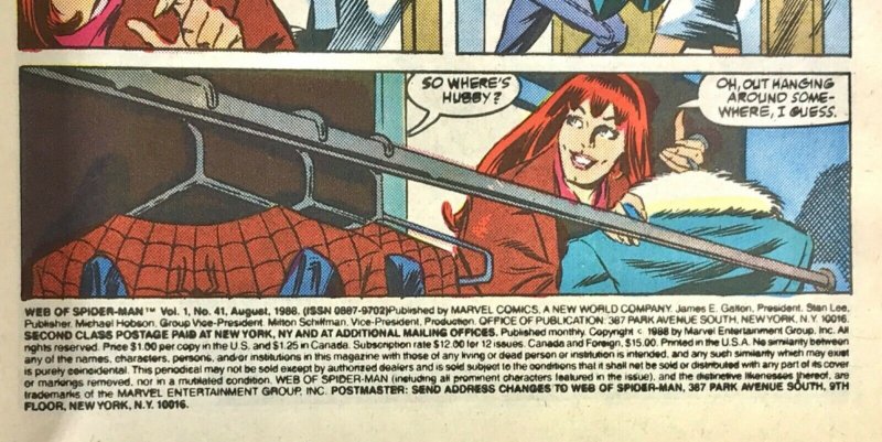 WEB OF SPIDER-MAN Comic Issue 41 — 32 Pages $1.00 Cover  — 1988 Marvel Universe