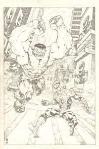 Spider-Man vs. The Hulk in Times Square with Carnage Watching 2009 by Brad Green