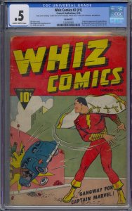 WHIZ COMICS #2 (#1) CGC .5 1ST CAPTAIN MARVEL SHAZAM SIVANA SPY SMASHER