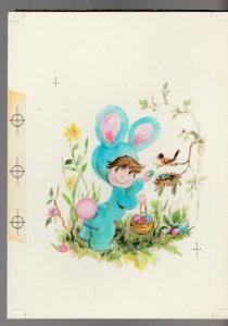 EASTER Cute Boy in Blue Bunny Suit w/ Bird Eggs 6x8 Greeting Card Art #E2485