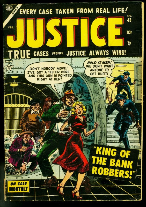 Justice #43 1954- Atlas Crime Comic- Bank Vault robbery- VG 