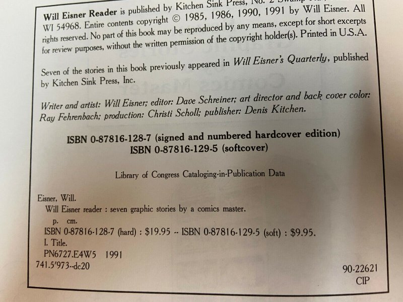 WILL EISNER READER HARDCOVER GRAPHIC NOVEL SIGNED