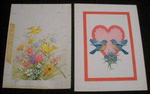 VALENTINES Yellow Birds Hearts & Flowers 2pcs 7x9 Greeting Card Art #2477 3715 
