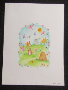 A LITTLE WISH Watercolor Rabbit Cat Birds Flowers 9x12 Greeting Card Art #2139