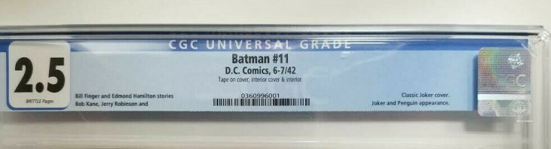 BATMAN #11 ~ 1942 DC ~ CGC 2.5 (GD+); Classic Joker cover & Penguin Appearance