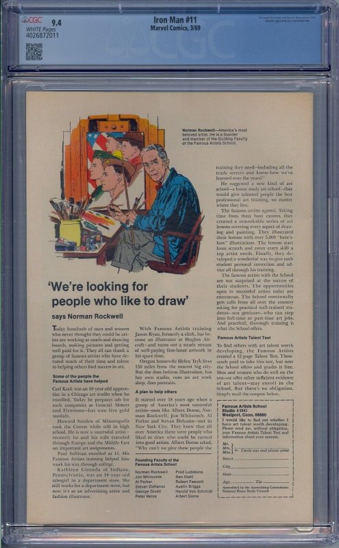 IRON MAN #11 CGC 9.4 1969 MANDARIN GEORGE TUSKA WHITE PAGES