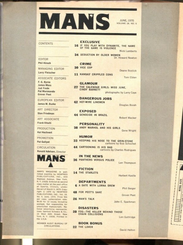 Man's Magazine 6/1970-Andy Warhol-Germ Warfare-cheesecake-exploitation-VG