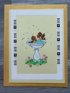 A SHOWER INVITATION Birds in Birdbath w/ Flowers 7.5x10 Greeting Card Art 624