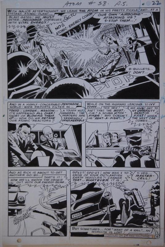 MIKE SEKOWSKY / GEORGE ROUSSOS original art, ATOM #38 pg 22, 1968, Invasion