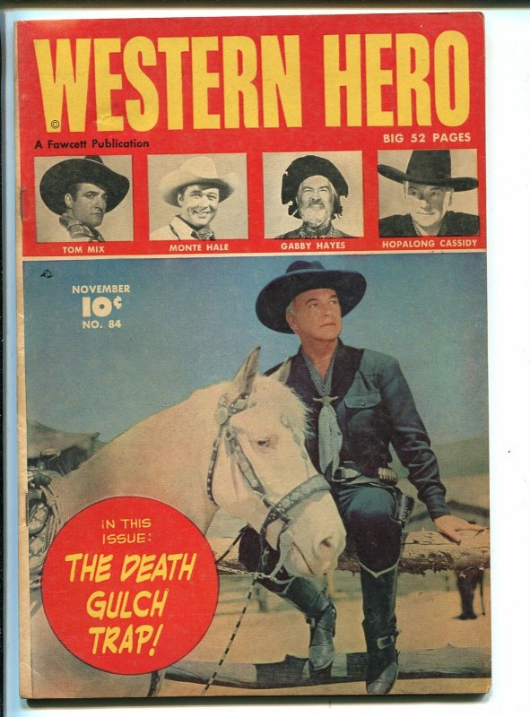 WESTERN HERO #84-1949-FAWCETT-HOPALONG CASSIDY PHOTO FRONT COVER-TOM MIX-fn/vf 