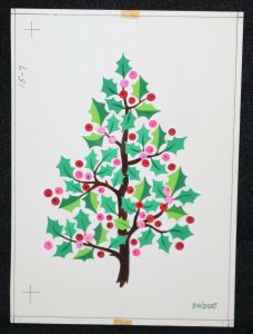 Original Christmas Greeting Card Art - X-Mas Holly Tree Red Pink art by Bridget