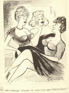 3 Babes Talking Men Gag - 1961 Humorama art by Al Cramer