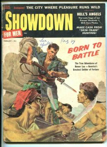 SHOWDOWN FOR MEN-FEB 1958-BATTLE COVER-SEA SPIDERS-CHEESECAKE-good/vg