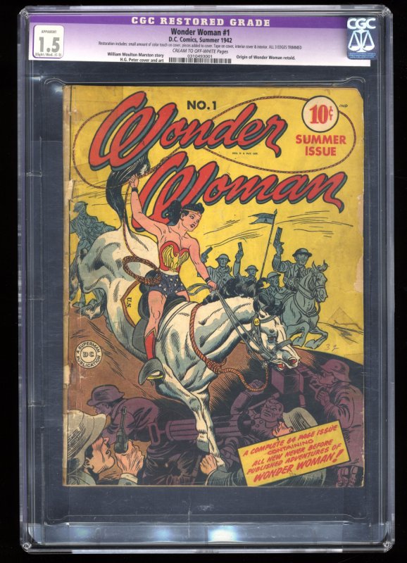 Wonder Woman #1 CGC FA/GD 1.5 Cream To Off White (Restored) Origin Retold!