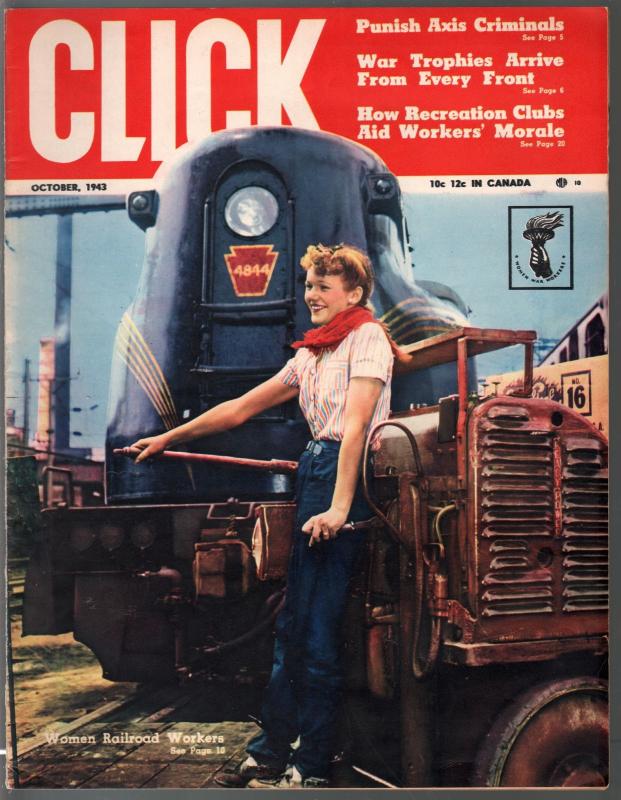 Click 10/1943-woman railroad worker-Otto Soglow-WWII pix & stories-VF