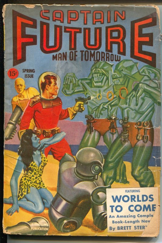 Captain Future Spring 1943-Thrilling-Sterling-robot-spicy blue skin girl-VG-