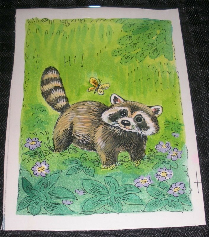 BIRTHDAY Cute Raccoon & Butterfly Flowers 4x5.5 Greeting Card Art #8674