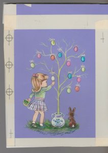 EASTER Cute Girl w/ Rabbit Hanging Eggs in Tree 5.5x7 Greeting Card Art #E2225