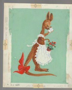 KANGAROO IN APRON CRYING w/ FLowers 8x9.5 #1681 Greeting Card Art