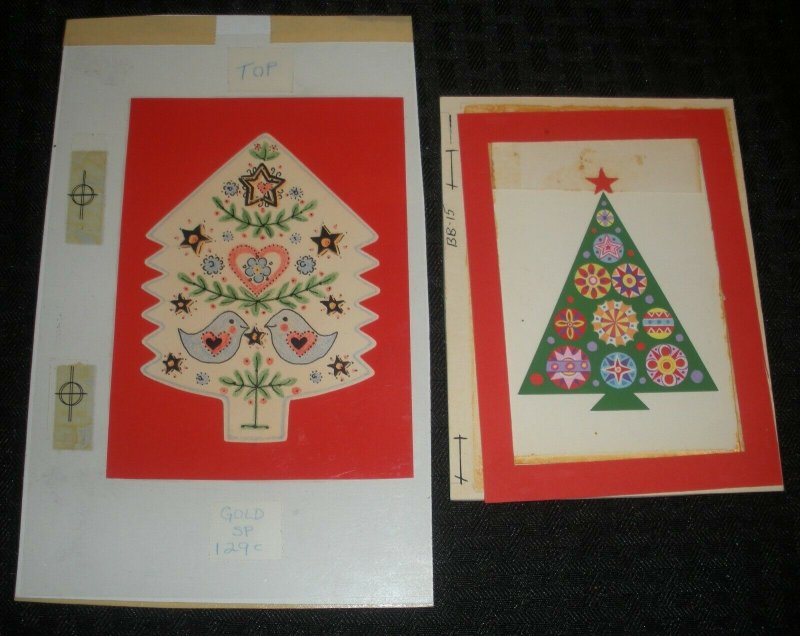 CHRISTMAS Graphic Trees w/ Birds Ornament 2pcs 5x8 Greeting Card Art #BB15 129C