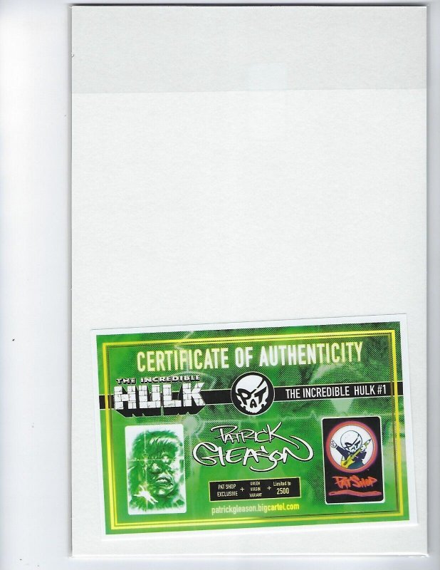 ?INCREDIBLE HULK #1 (2023) GLEASON GAMMA BOMB VIRGIN VARIANT HTF LTD 2500 w/COA