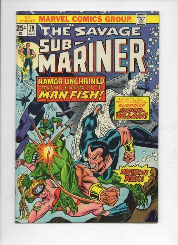 SUB-MARINER #70, VF-, Tuska, Imperius Rex, Man-Fish, Marvel, 1968 1974