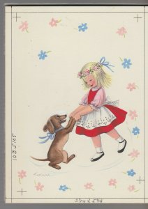 BIRTHDAY Cute Girl Red Dress Dancing w/ Dog 6.25x8.5 Greeting Card Art #B5105