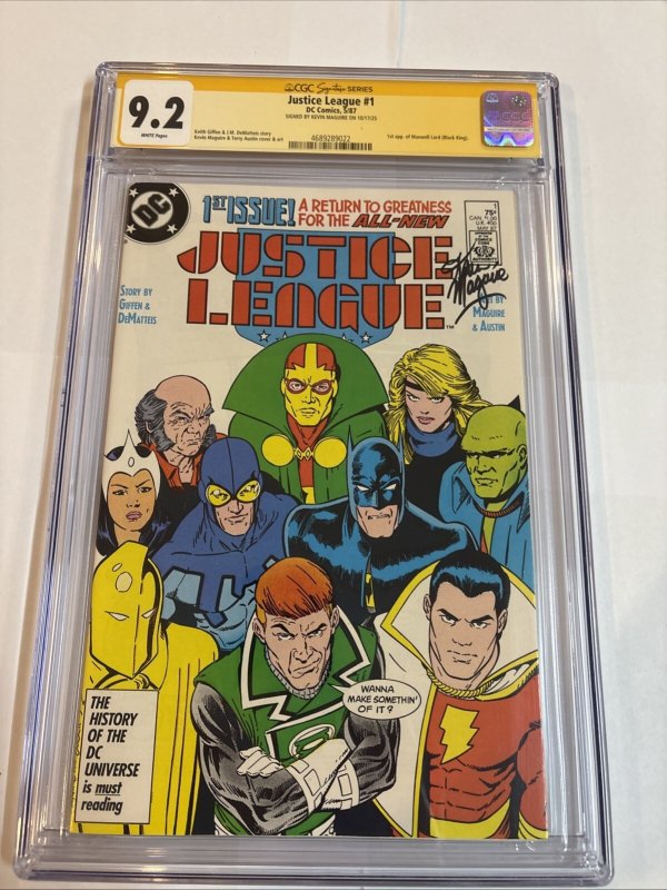 Justice League (1987) # 1 (CGC 9.2 SS) Signed Kevin Maguire • Story Giffen !