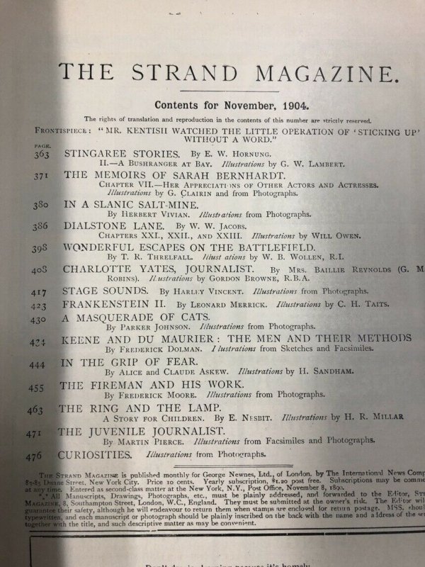 Strand Magazine Pulp November 1904- Sarah Bernhardt- Thanksgiving cover VG