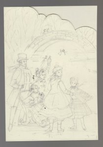 CHRISTMAS Family Ice Skating Under Bridge Pencil 5x7.5 Greeting Card Art #nn