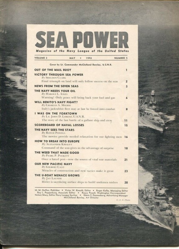 Sea Power 5/1943-McClelland Barclay cover art-war pix &info-rare-VG