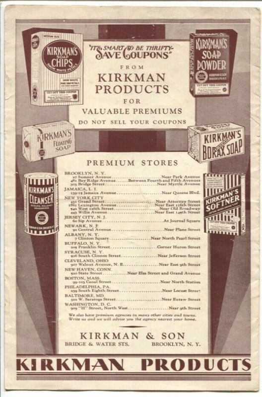 Kirkman Products Premiums Catalog 1920's-reddem coupons from Kirkman Soaps-G/VG