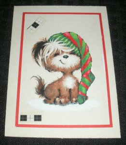 CHRISTMAS Cute painted Dog w/ Stocking on Head 4x5.5 Greeting Card Art #70
