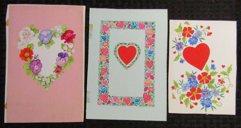 RED HEARTS with Blue Birds & Magenta Flowers 3pcs 6x8 Greeting Card Art #V3642