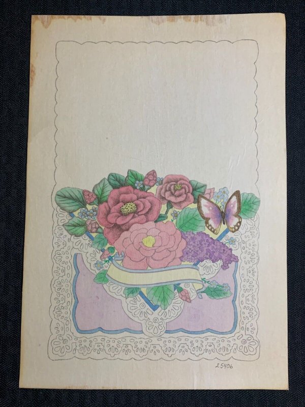 EASTER Pink Flowers Butterfly Lace Border 7.5x10.5 Greeting Card Art #25406