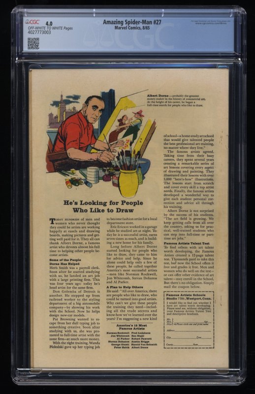 Amazing Spider-Man #27 CGC VG 4.0 Off White to White Green Goblin Appearance!