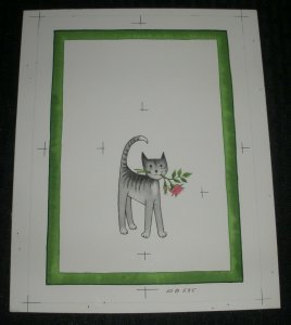 FRIENDSHIP Cartoon Kitten Cat w/ Roses Flowers 7x9 Greeting Card Art #B585