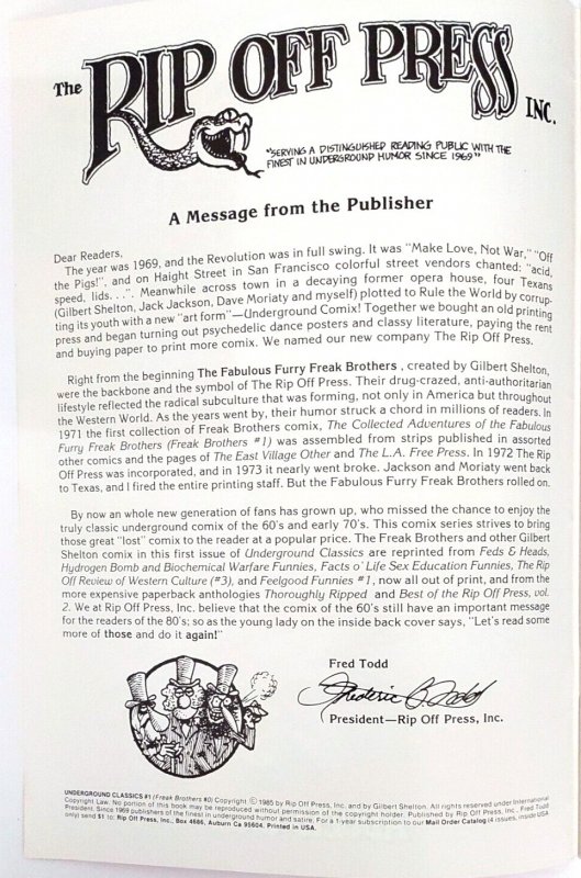 Underground Classics 1 The Fabulous Furry Freak Brothers Rip Off Press Near  Mint  Comic Books - Modern Age, Rip Off Press, Fabulous Furry Freak  Brot / HipComic