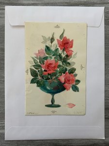 THINKING OF YOU Pink Roses in vase 5.5x8 Greeting Card Art C1606 w/ 1 Card