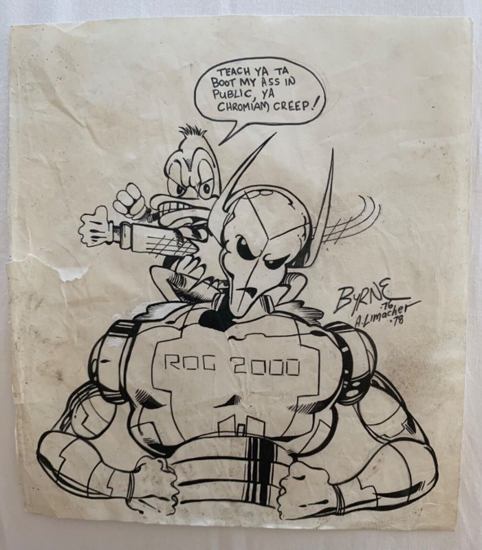 ORIGINAL HOWARD THE DUCK vs ROG 2000 JOHN BYRNE & ALAN LIMACHER COMIC ART SKETCH