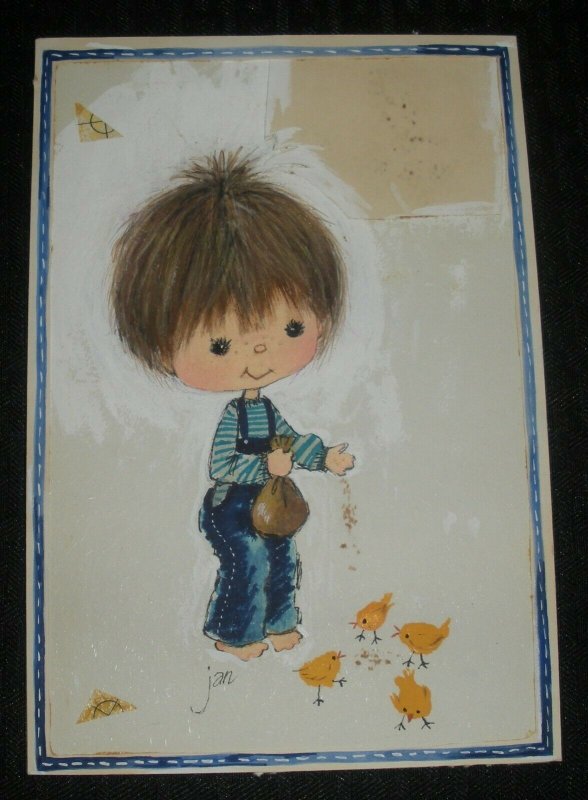BIRTHDAY Cute Boy in Overalls Feeding Birds 5.5x8 Greeting Card Art #E13