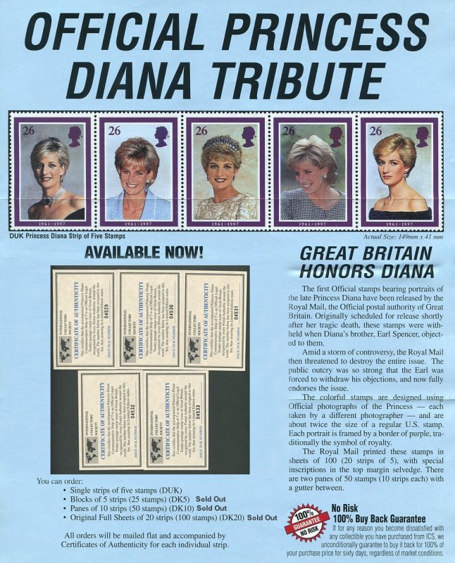 Princess Diana Commemorative 5  Stamp Strip  1997