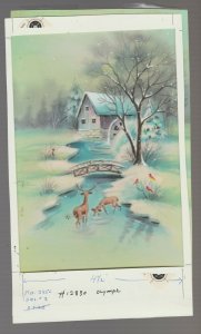 CHRISTMAS Two Deer in Stream with Bridge & Mill 5x8 Greeting Card Art #12830