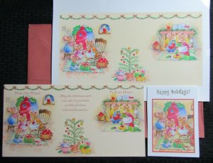 CHRISTMAS Mouse Family Decorating Tree 16x10 Greeting Card Art #X5058 w/ 7 Cards