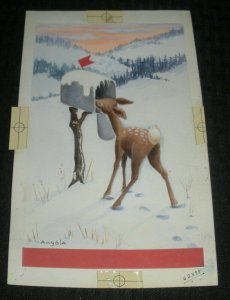 MERRY CHRISTMAS Cute Deer w/ Head in Mailbox 5.5x9 Greeting Card Art #51