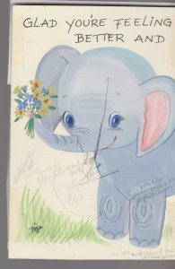 GLAD YOU'RE FEELING BETTER Cute Elephant Flowers 4x6.5 Greeting Card Art #C1679