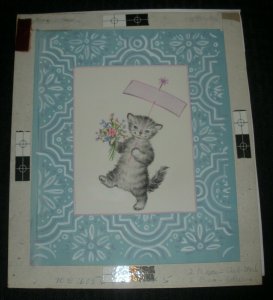 GET WELL SOON Kitten Cat w/ Sign & Flowers 8.5x10 Greeting Card Art #1605