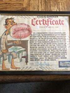 1960s chain-smoker certificate,8x10 framed